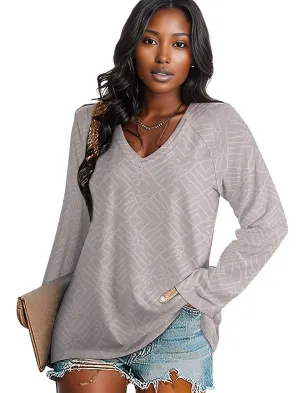 African print blouse for ladies: blush pink v neck long sleeve top