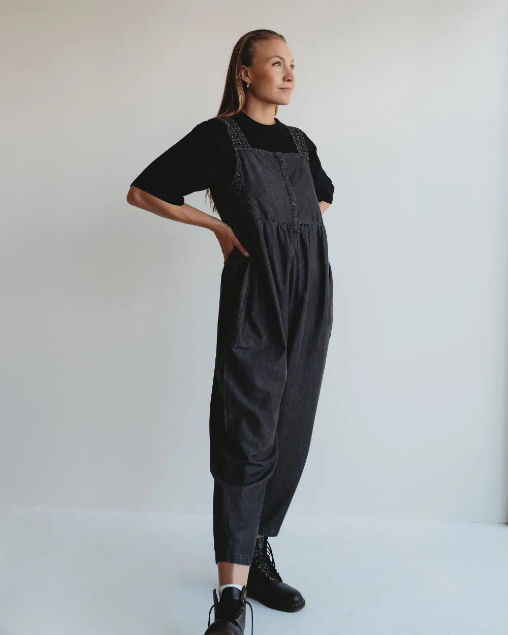 Alice Black Denim Smocking Strap Jumpsuit