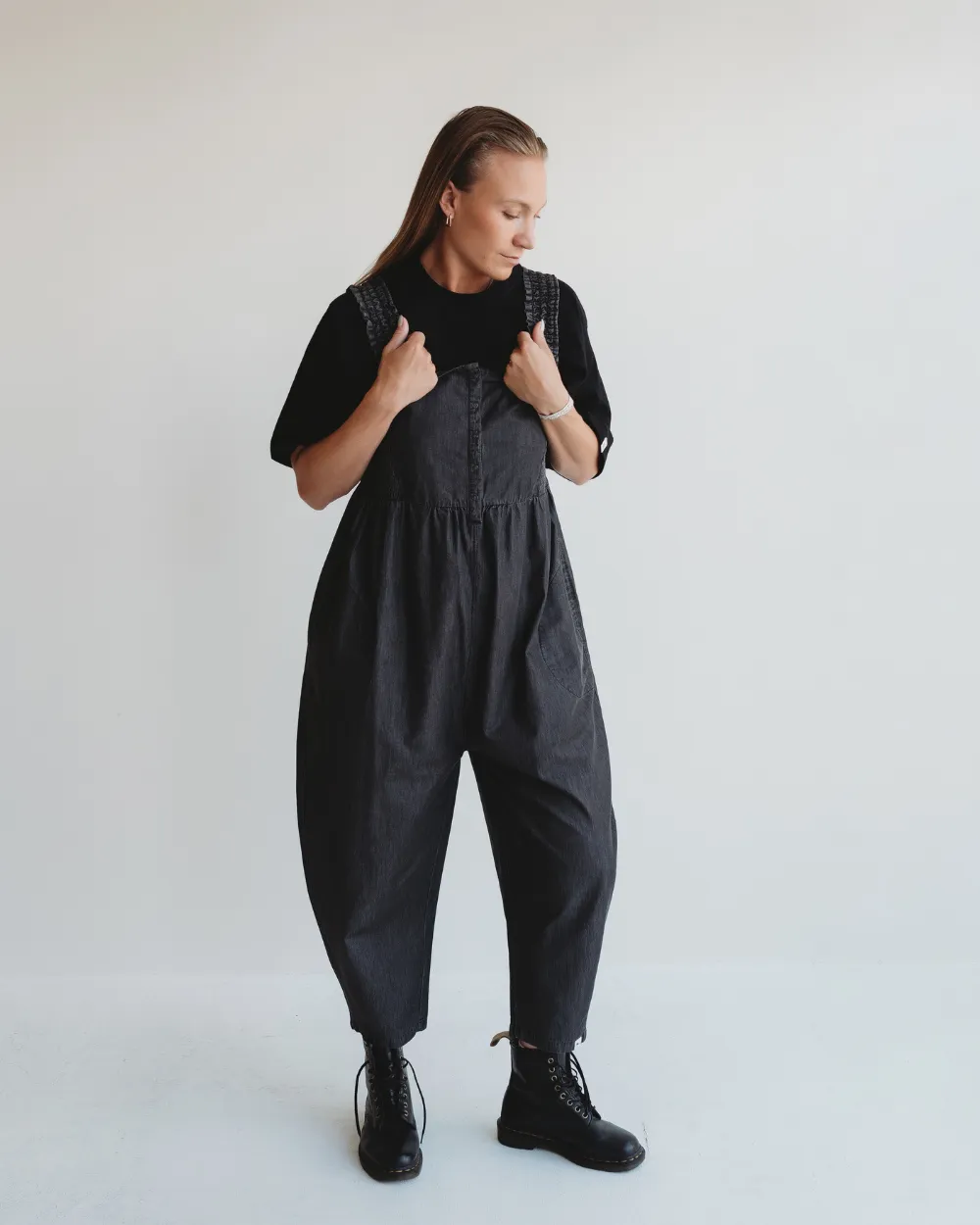 Alice Black Denim Smocking Strap Jumpsuit