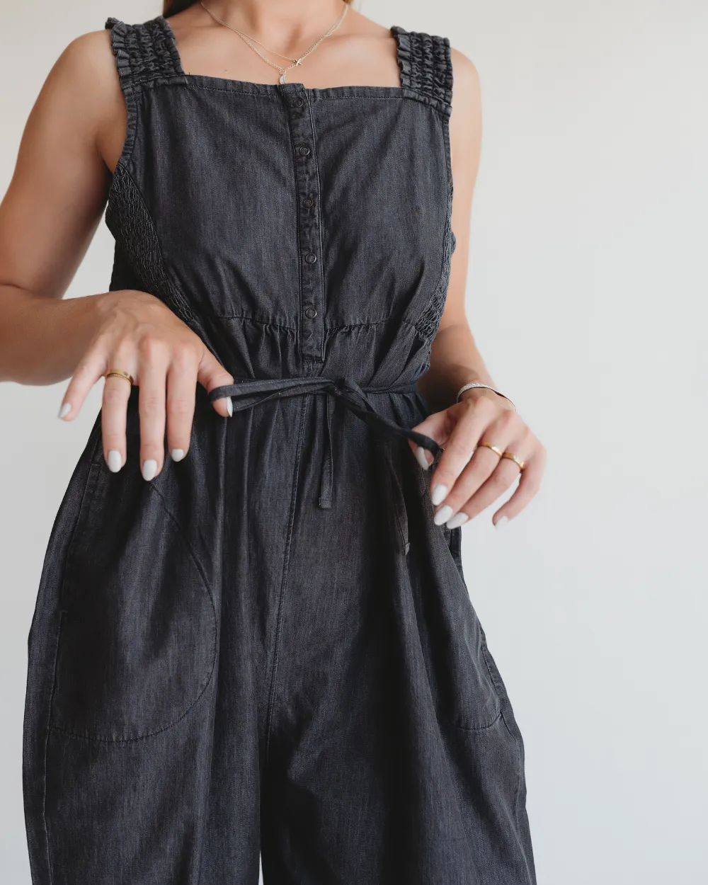 Alice Black Denim Smocking Strap Jumpsuit