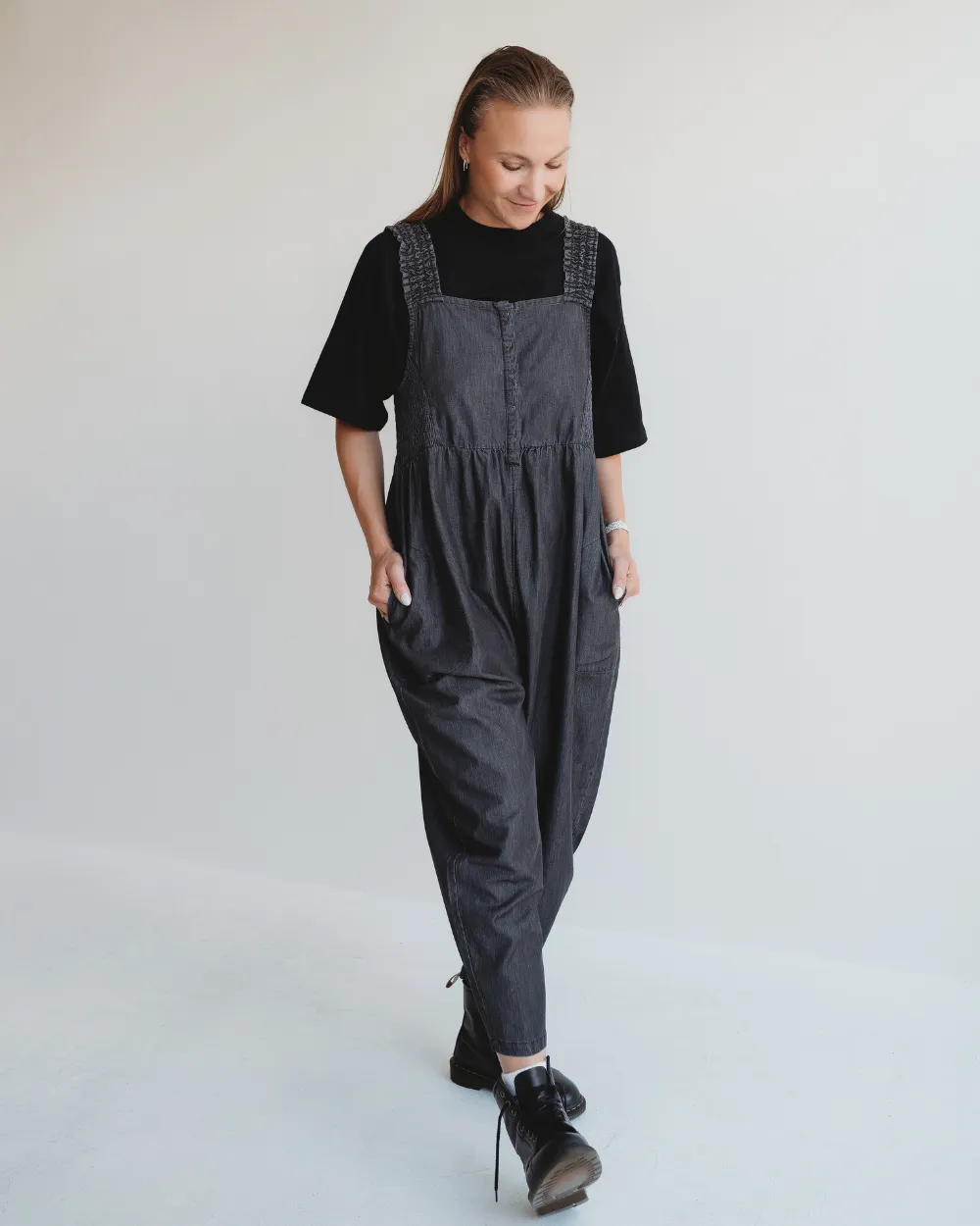 Alice Black Denim Smocking Strap Jumpsuit