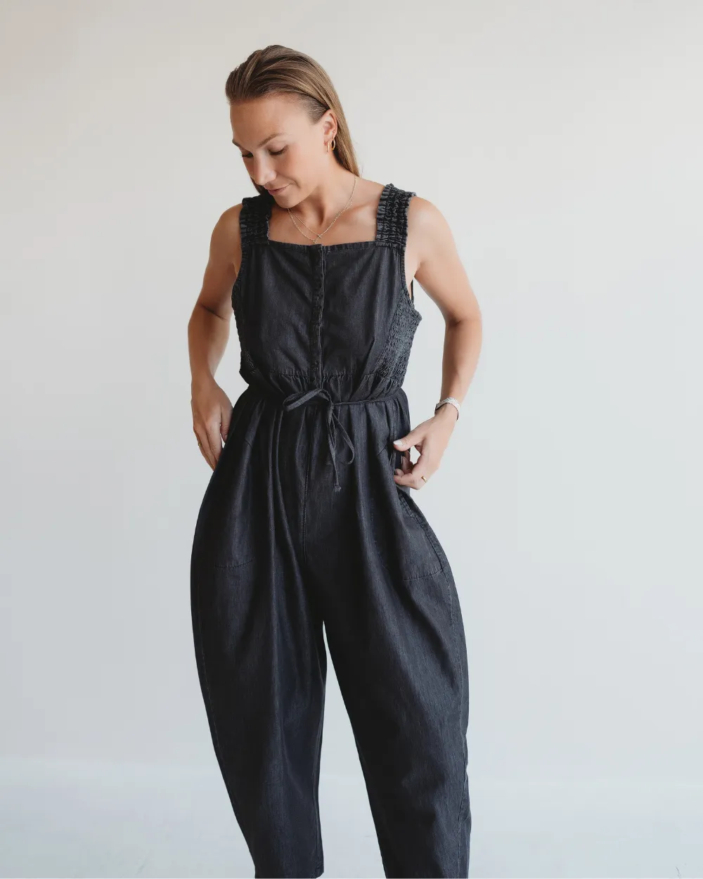 Alice Black Denim Smocking Strap Jumpsuit