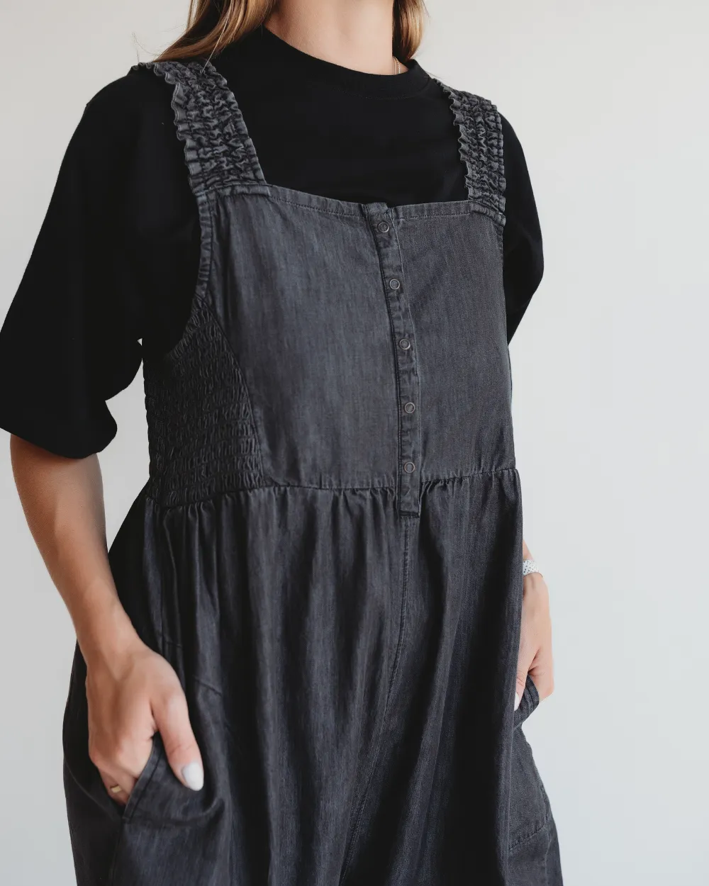 Alice Black Denim Smocking Strap Jumpsuit