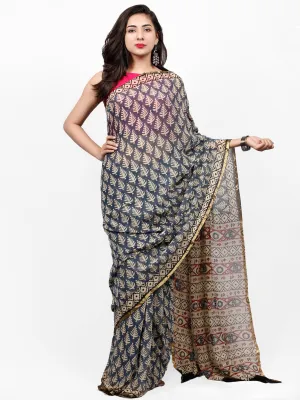 Beige Indigo Maroon Hand Block Printed Chiffon Saree with Zari Border - S031703260