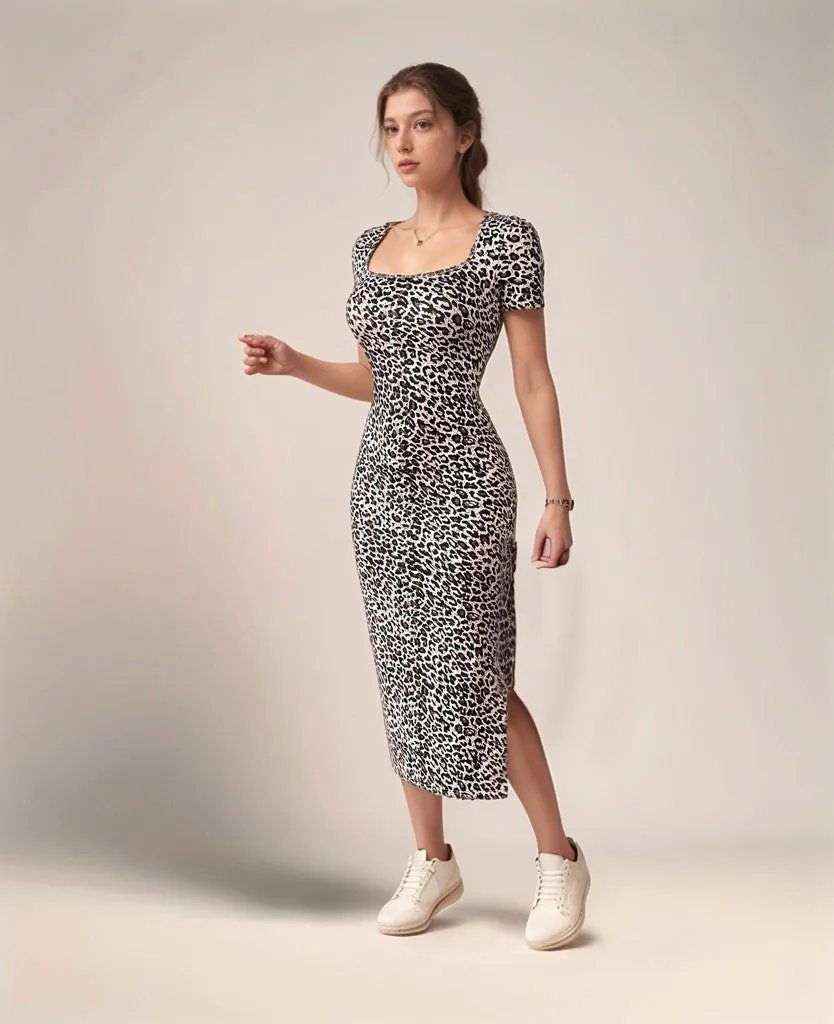 Black Animal Print Short Sleeves Dress