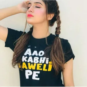 Black Ao Kabhi Haveli pe Cotton Printed T-shirt For Womens