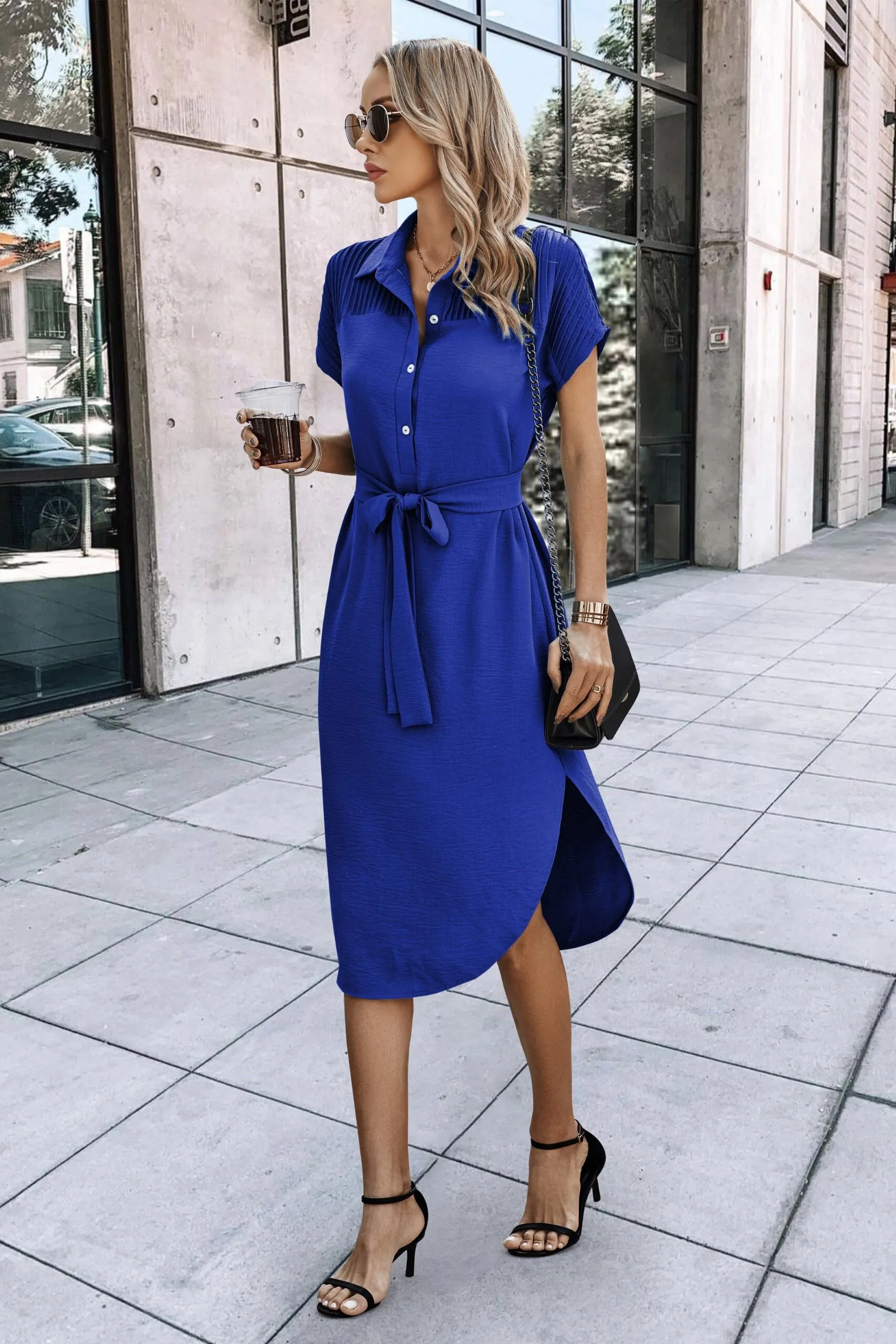 Blue Shirt Dress With Waist Tie Up Detail