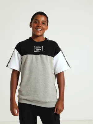 Boys Tape Detail Crew Top - Light Grey