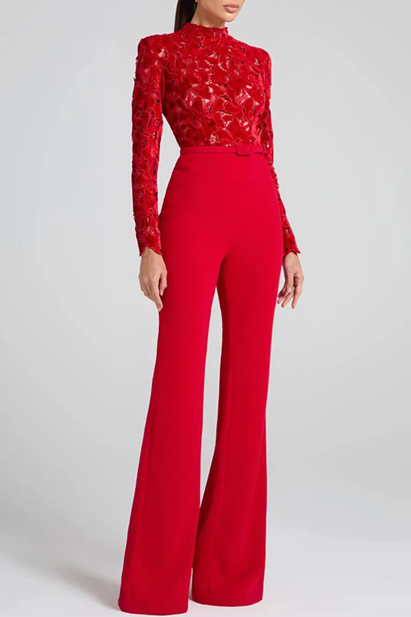 Casual Lace Half A Turtleneck Regular Jumpsuits