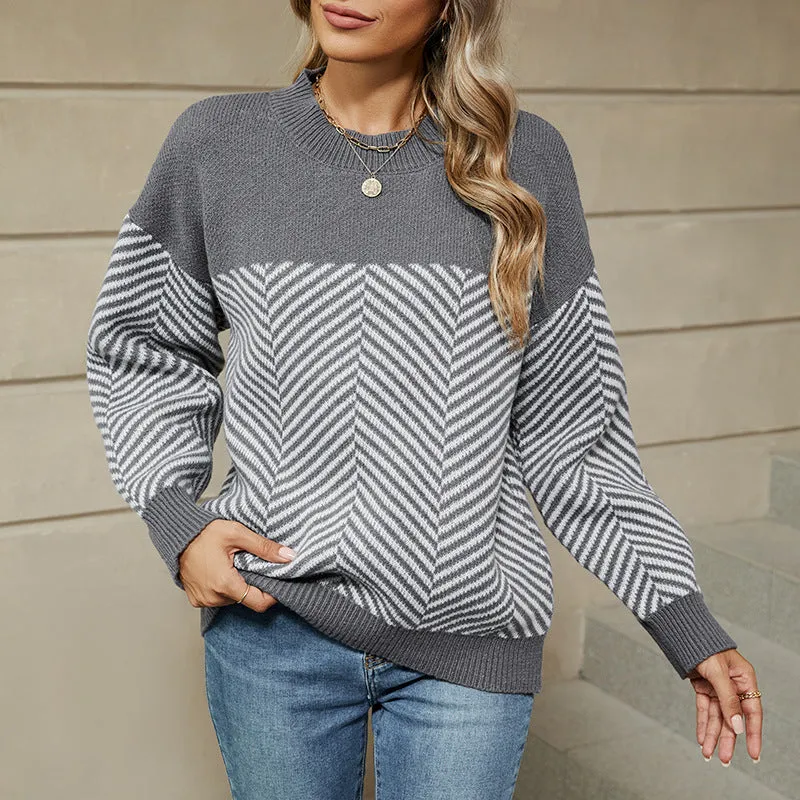 Casual Long Sleeve Knitted Striped Sweater Wholesale Womens Clothing N3824091200141