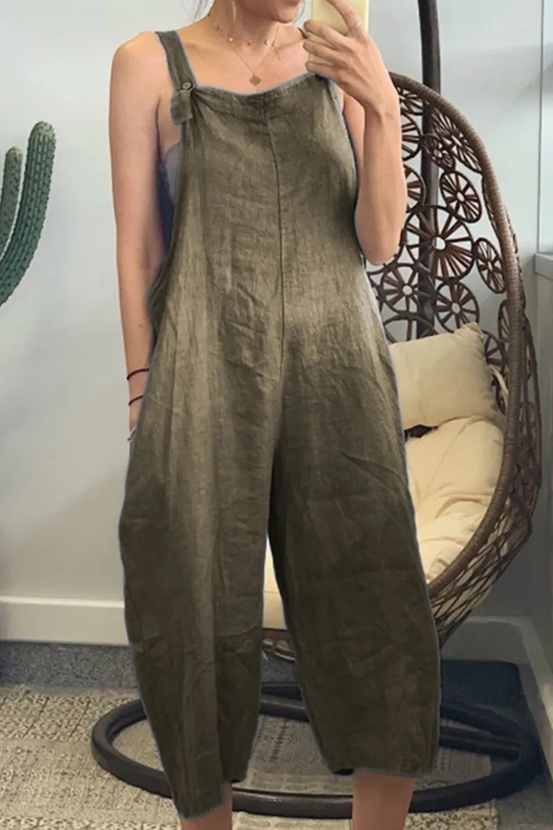 Casual Solid Buttons Capris Square Collar Loose Jumpsuits(5 Colors)
