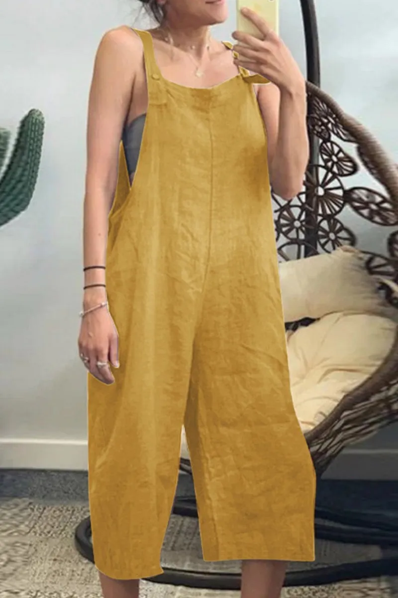 Casual Solid Buttons Capris Square Collar Loose Jumpsuits(5 Colors)