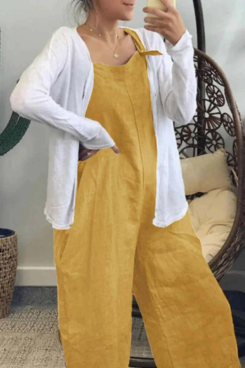 Casual Solid Buttons Capris Square Collar Loose Jumpsuits(5 Colors)