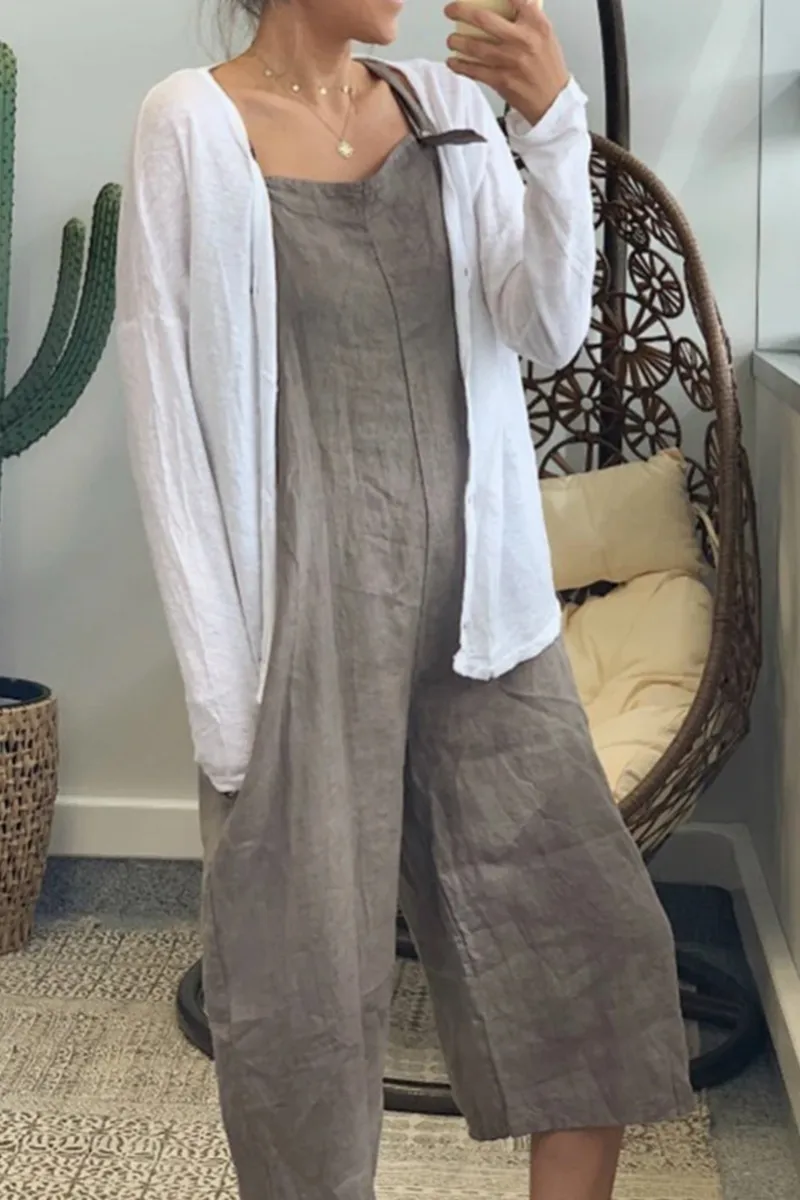 Casual Solid Buttons Capris Square Collar Loose Jumpsuits(5 Colors)