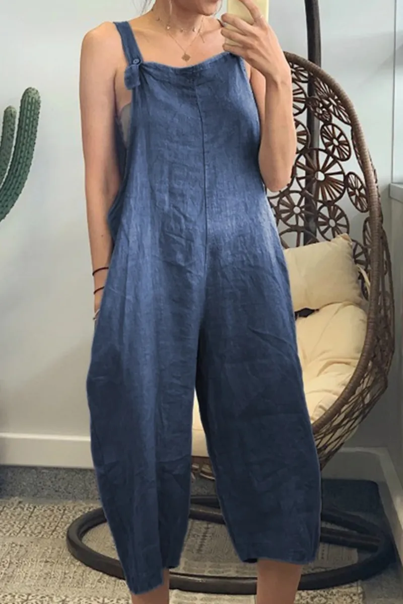Casual Solid Buttons Capris Square Collar Loose Jumpsuits(5 Colors)
