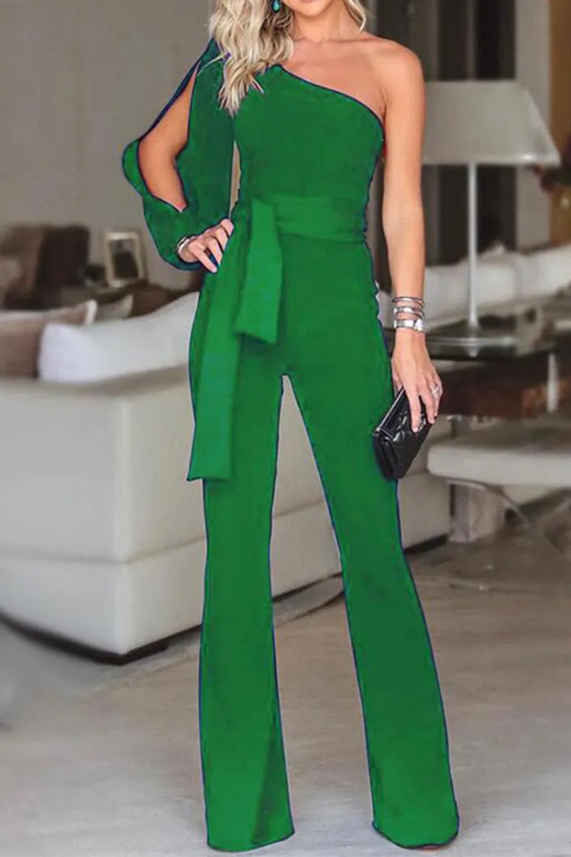 Casual Solid Patchwork One Shoulder Regular Jumpsuits(6 Colors)
