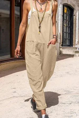Casual Solid Pocket Buttons Square Collar Loose Jumpsuits