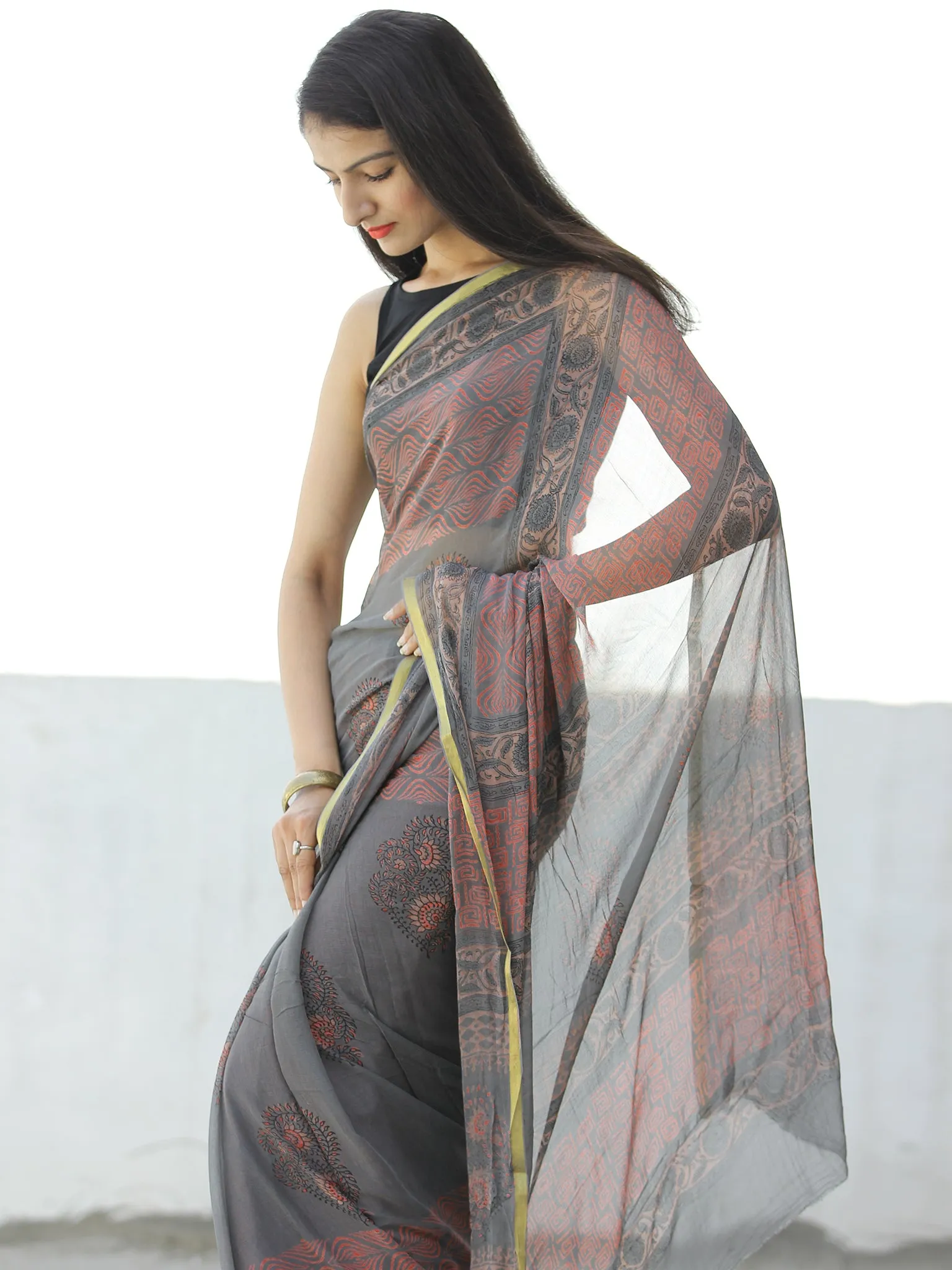 Charcoal Grey Coral Hand Block Printed Chiffon Saree with Zari Border - S031703960