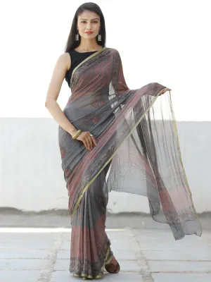 Charcoal Grey Coral Hand Block Printed Chiffon Saree with Zari Border - S031703960