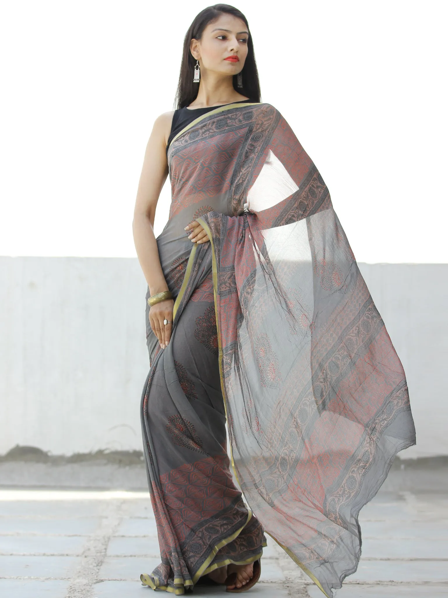 Charcoal Grey Coral Hand Block Printed Chiffon Saree with Zari Border - S031703960