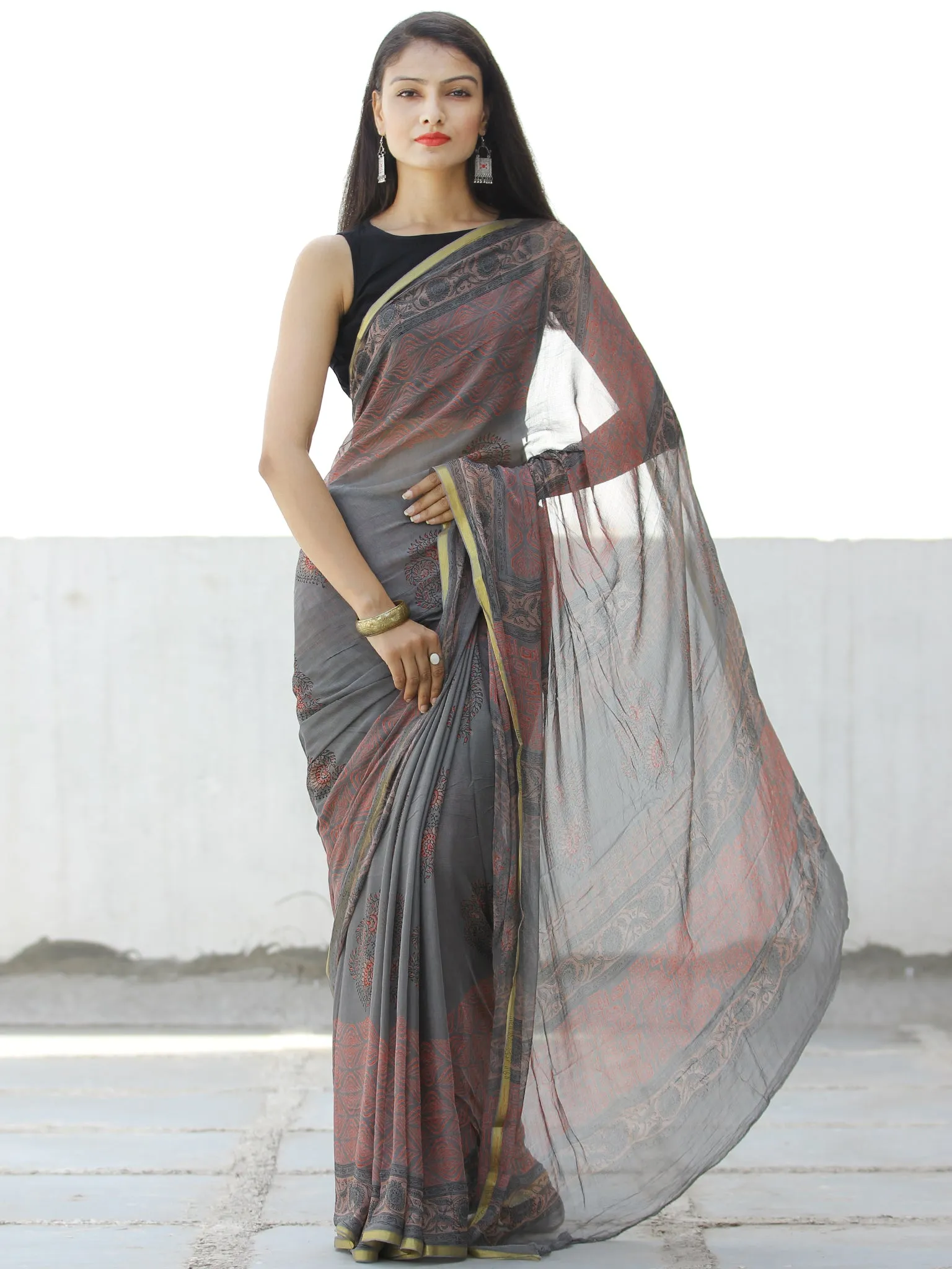 Charcoal Grey Coral Hand Block Printed Chiffon Saree with Zari Border - S031703960