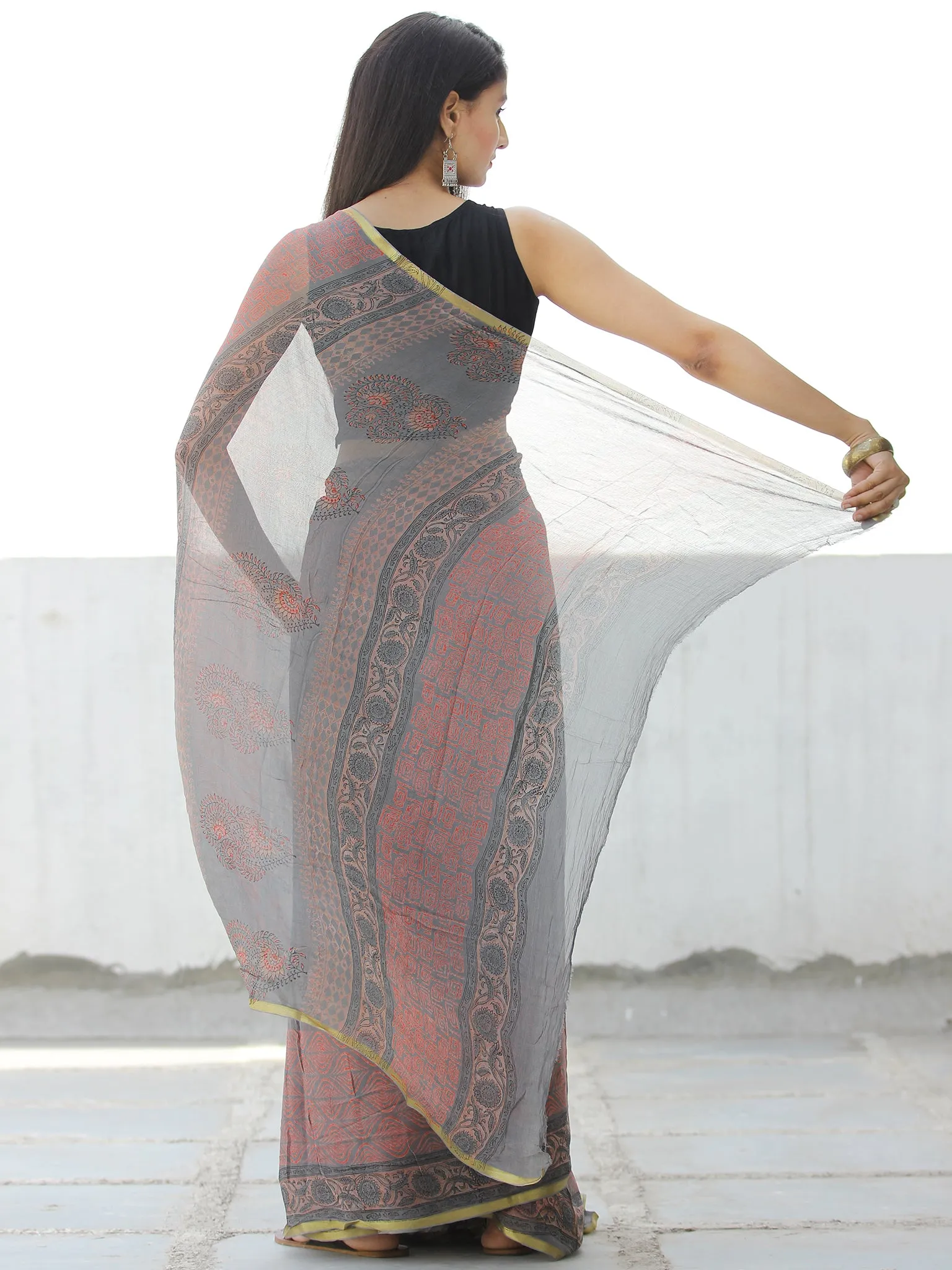 Charcoal Grey Coral Hand Block Printed Chiffon Saree with Zari Border - S031703960