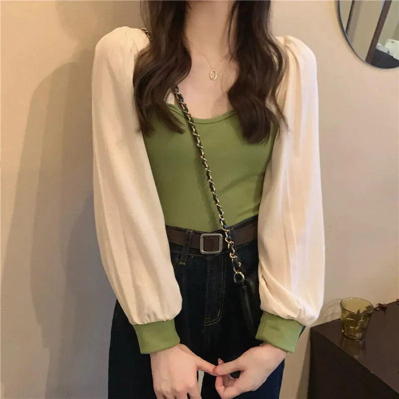 Color Stitching Skinny Chiffon Long Sleeve Shirt