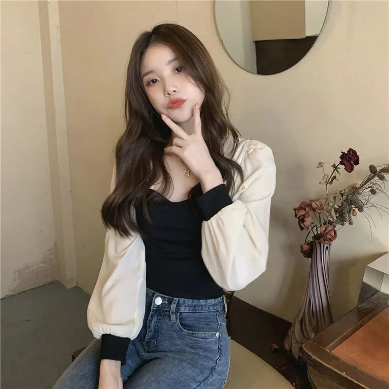 Color Stitching Skinny Chiffon Long Sleeve Shirt