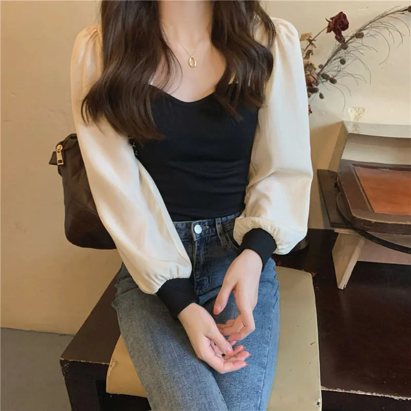 Color Stitching Skinny Chiffon Long Sleeve Shirt