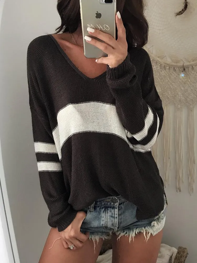 Contrast Color V Neck Split Loose Sweater