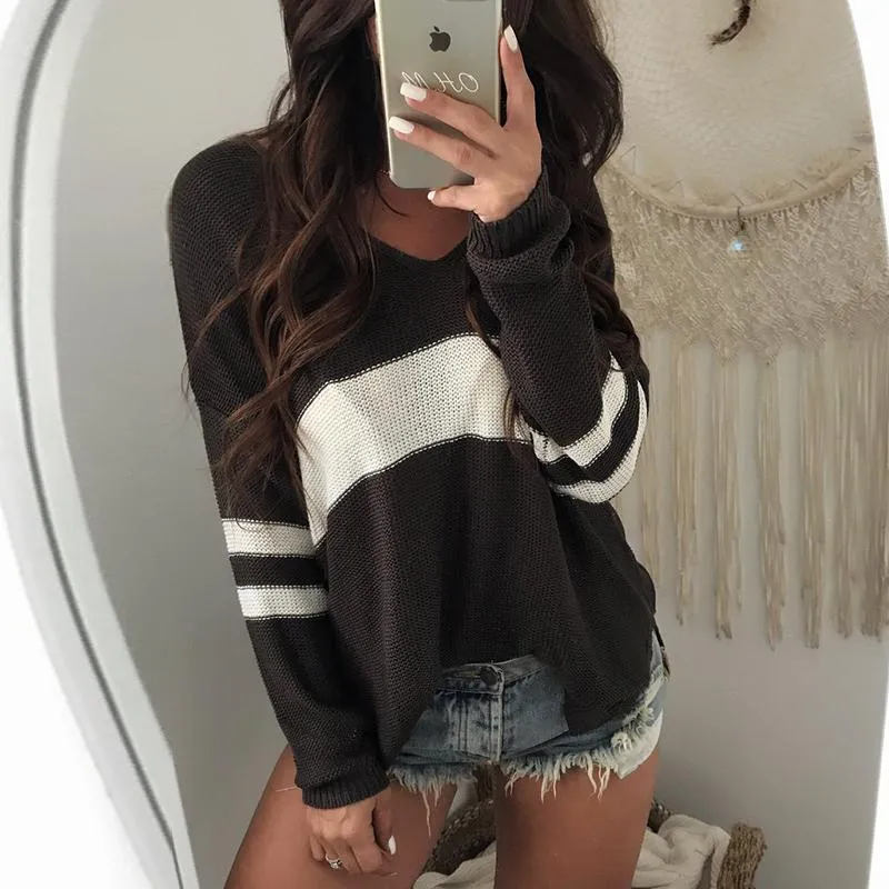 Contrast Color V Neck Split Loose Sweater