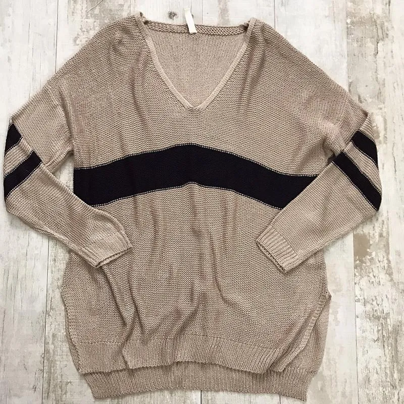 Contrast Color V Neck Split Loose Sweater