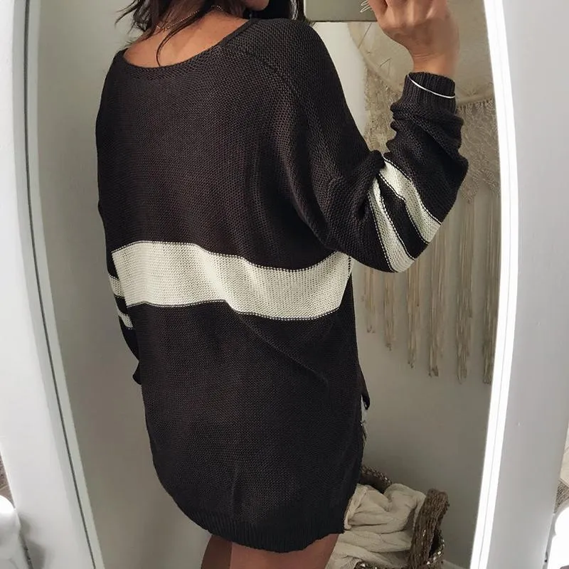 Contrast Color V Neck Split Loose Sweater
