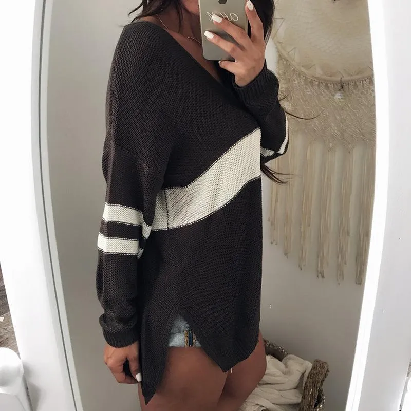 Contrast Color V Neck Split Loose Sweater