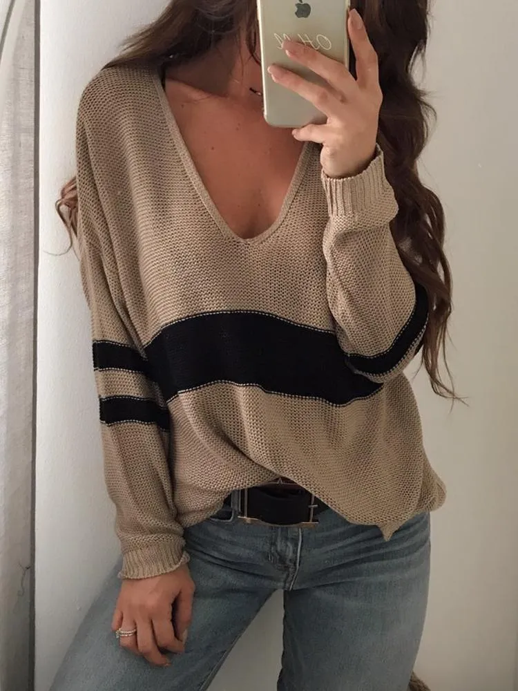 Contrast Color V Neck Split Loose Sweater