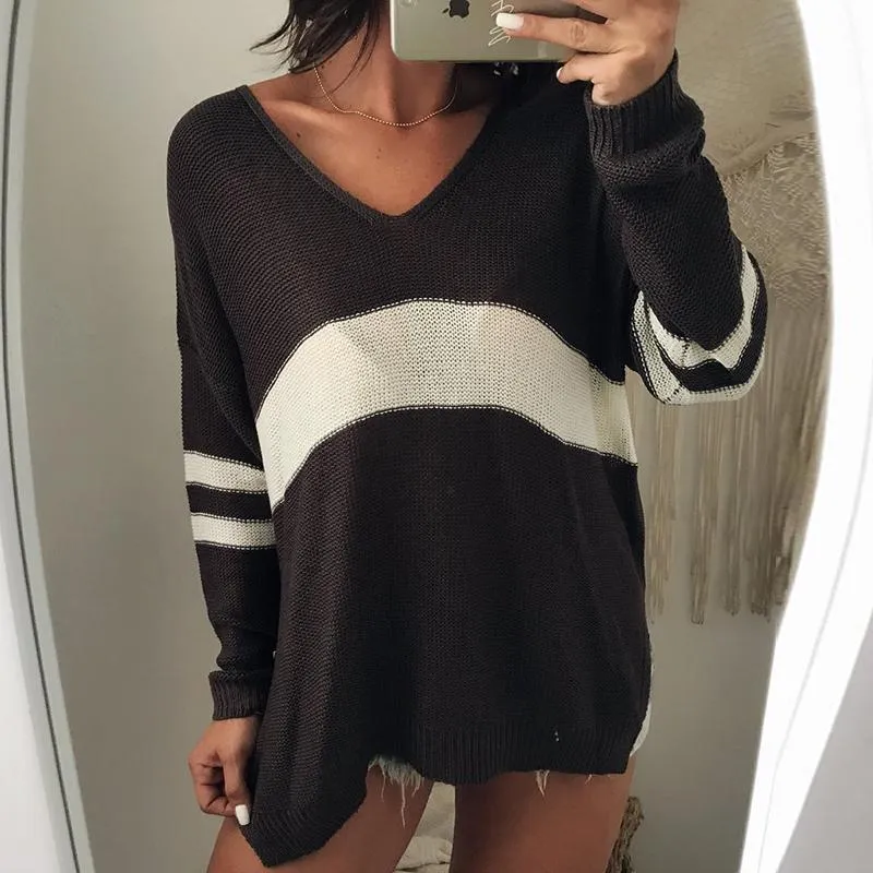 Contrast Color V Neck Split Loose Sweater