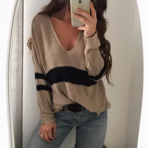 Contrast Color V Neck Split Loose Sweater