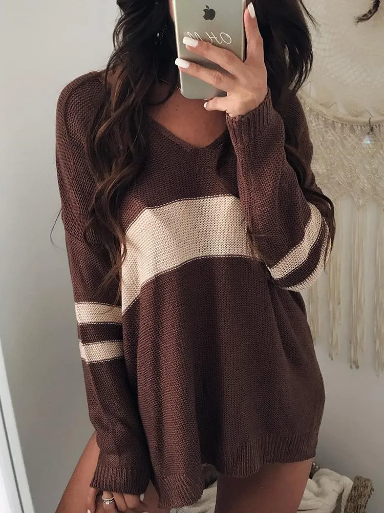 Contrast Color V Neck Split Loose Sweater