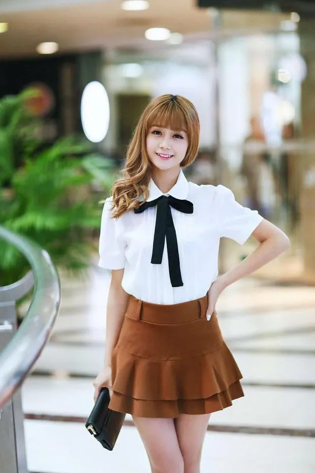 Fashion female elegant bow tie white blouses Chiffon peter pan collar casual shirt Ladies tops school blouse Women Plus Size