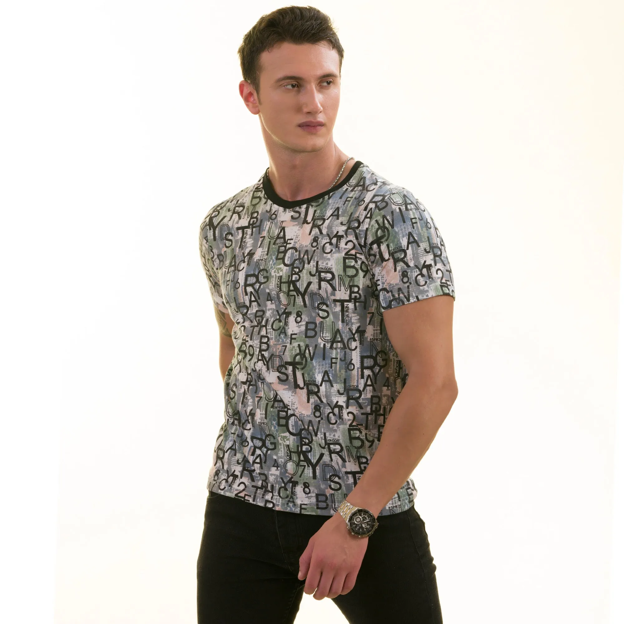 Gray Khaki Printed European Made Premium Quality T-Shirt - Crew Neck