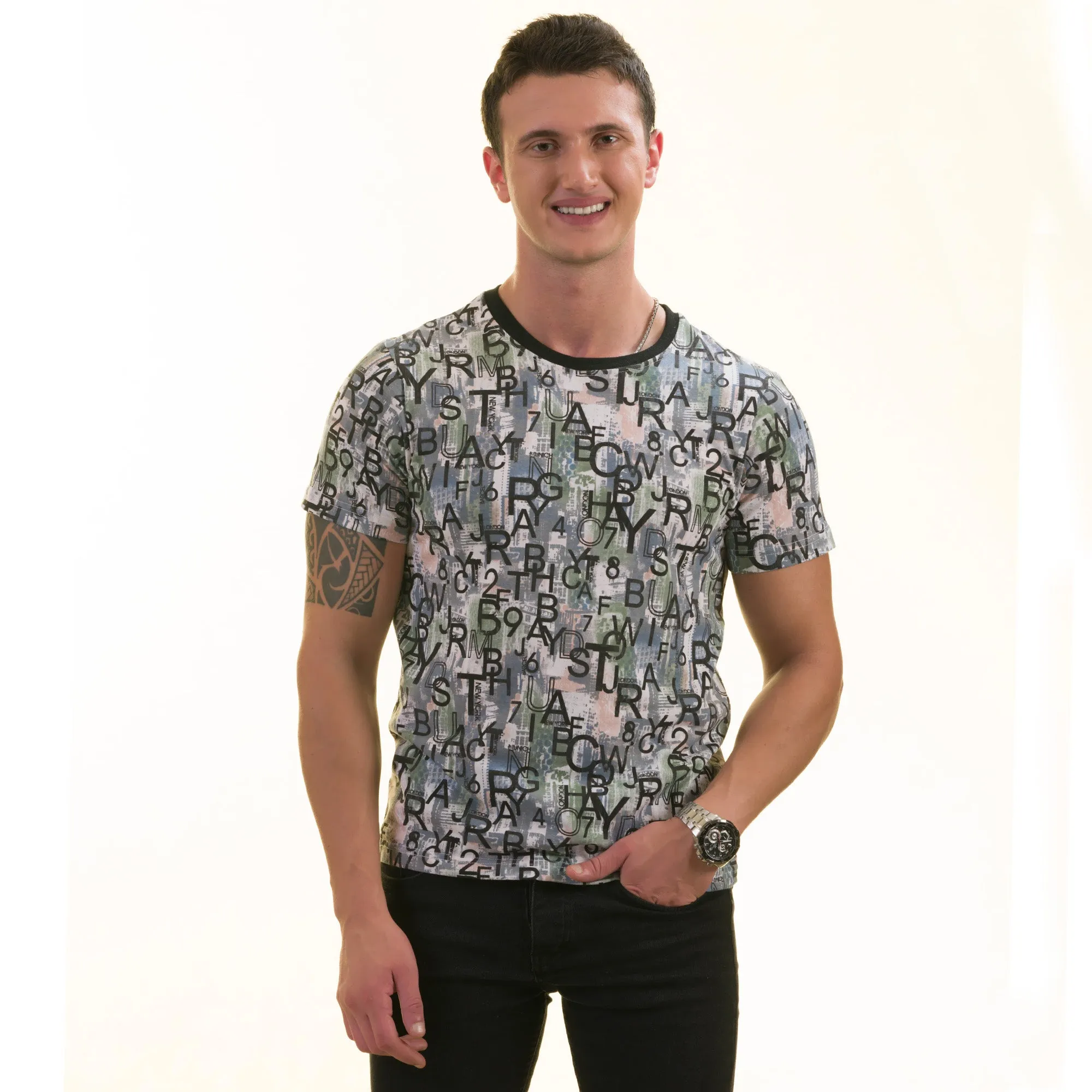 Gray Khaki Printed European Made Premium Quality T-Shirt - Crew Neck