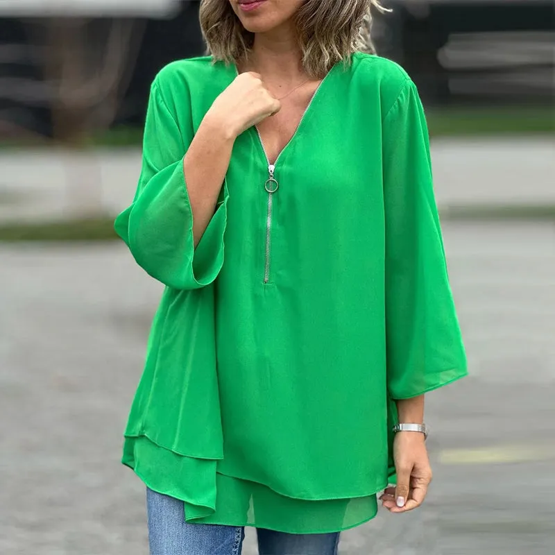 Heidi™ - V-Neck Flowy Zipped Top