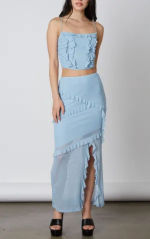 High Waisted Mesh Ruffle Maxi Skirt
