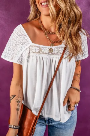 Hollowed Lace Patchwork Square Neck Short Sleeve Blouse