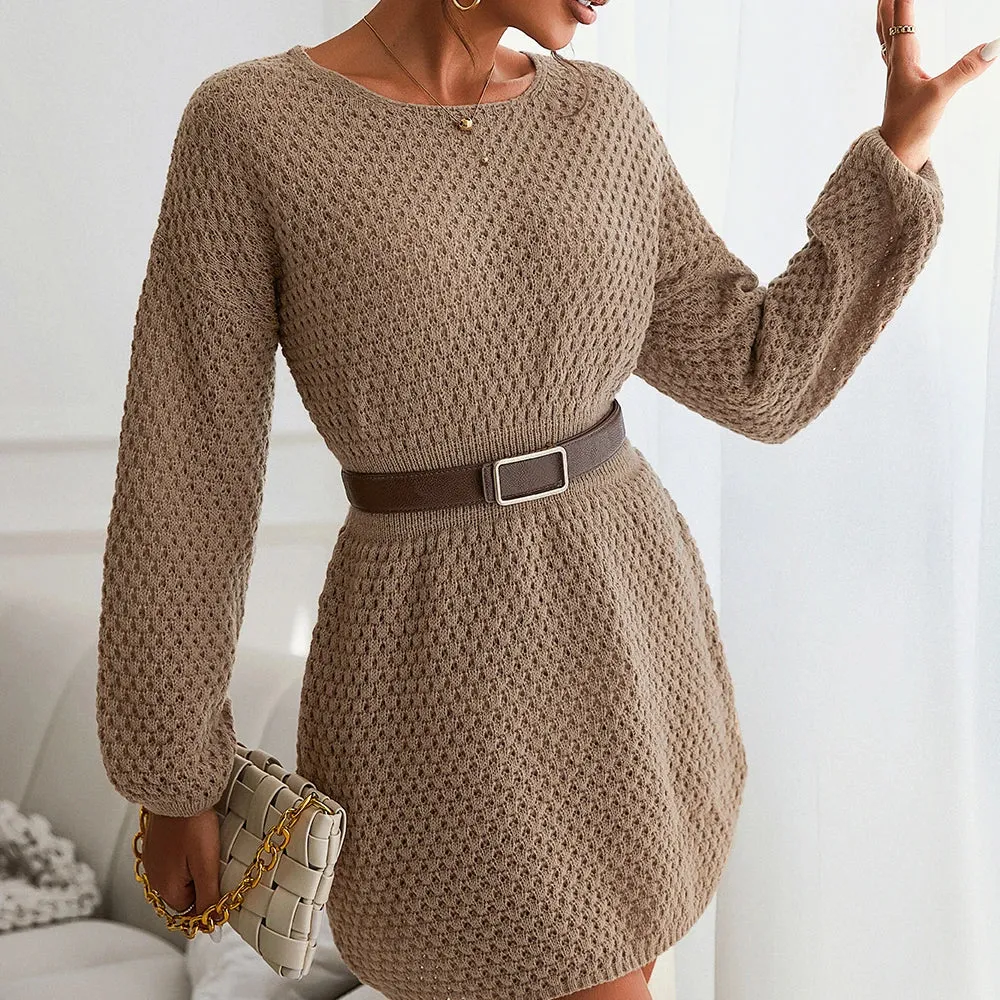 Honeycomb Knit Brown Sweater Dress