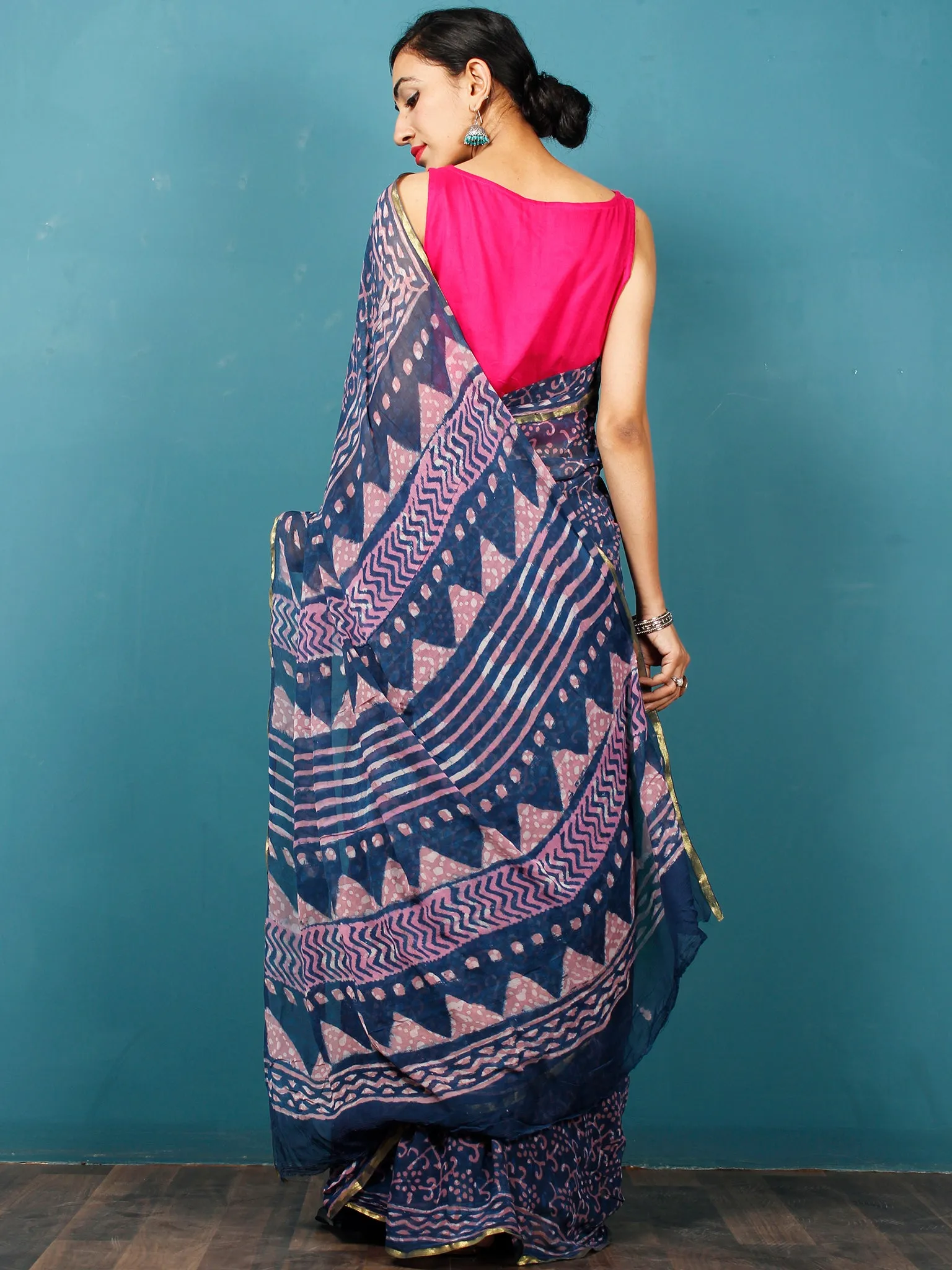 Indigo Purple Hand Block Printed Chiffon Saree with Zari Border - S031702811