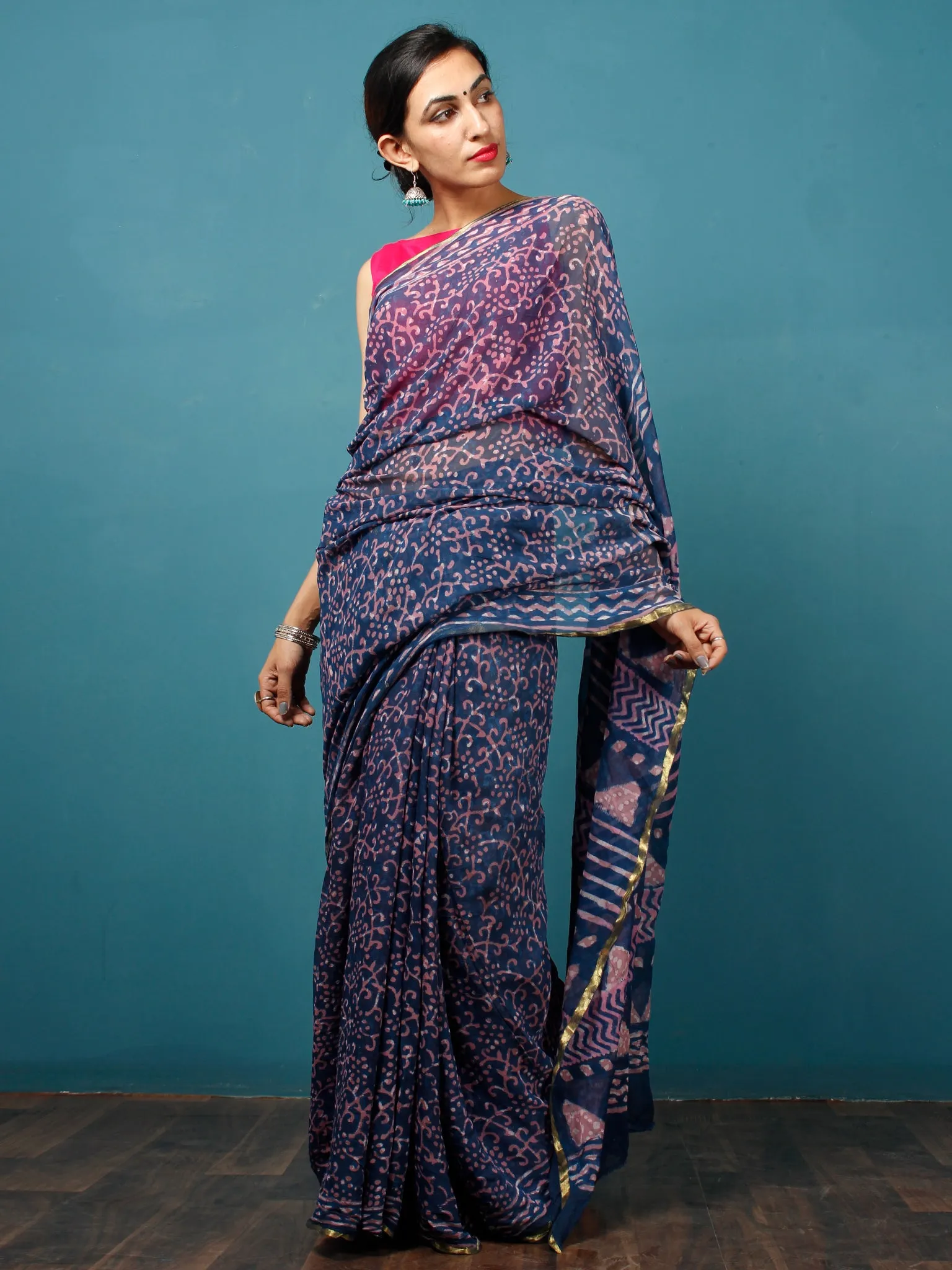 Indigo Purple Hand Block Printed Chiffon Saree with Zari Border - S031702811