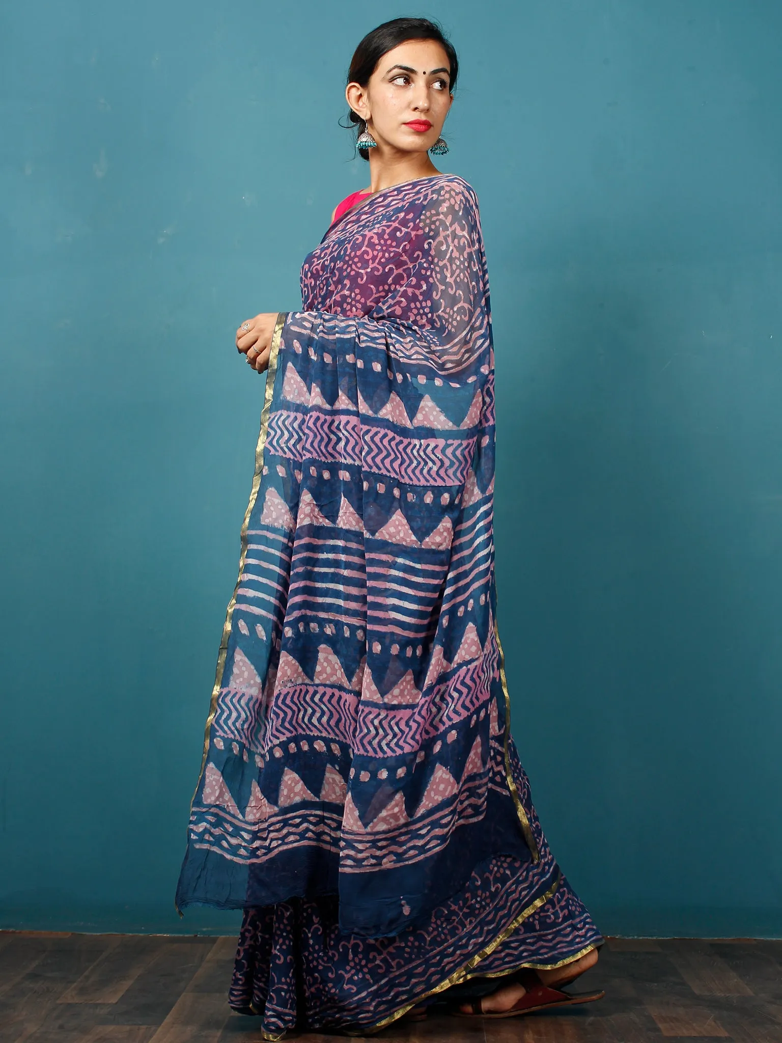 Indigo Purple Hand Block Printed Chiffon Saree with Zari Border - S031702811