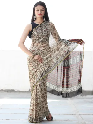 Ivory Rust Black Hand Block Printed Chiffon Saree with Zari Border - S031703912