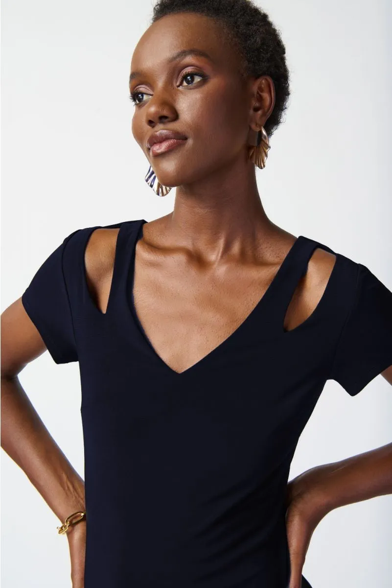 Joseph Ribkoff Cutout Detail Fringe Hem Midi Sheath Dress 241053